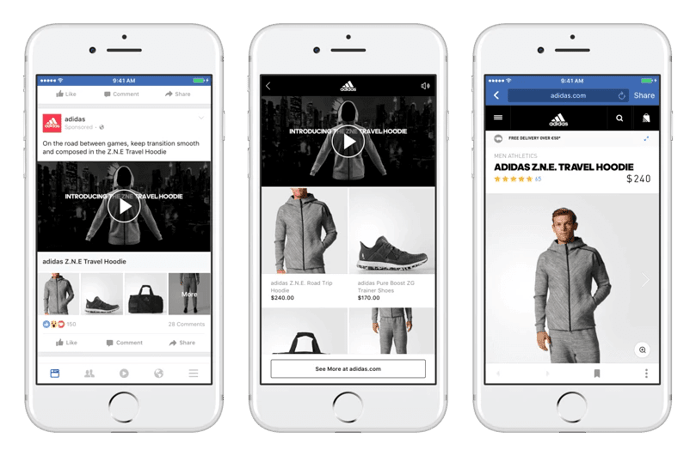 Three screenshots of adidas ads on the facebook app are being displayed on smartphones.