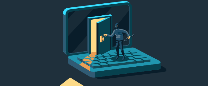 A little masked man opening a door that is being displayed on the display of a laptop.