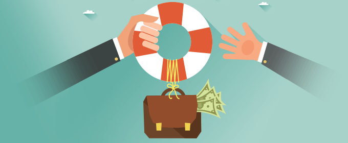 Hand passing a lifebelt with money attached to it to another hand.