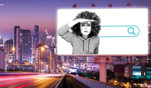 Woman looking for someone in front an internet search bar