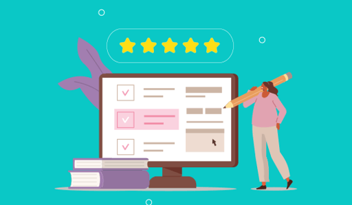woman with giant pencil writing a 5-star review