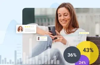 woman looking at her smart phone surrounded by customer reviews and statistics